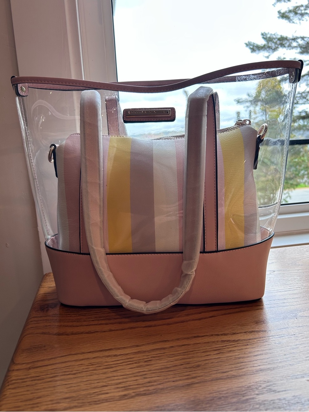 Poppy & Peonies Clear Pink Tote Bag with Striped Inner Purse